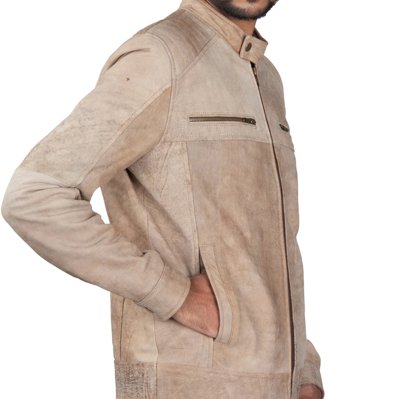 Men’s Suede Leather Jacket – Quilted Shoulders & Zip Pockets