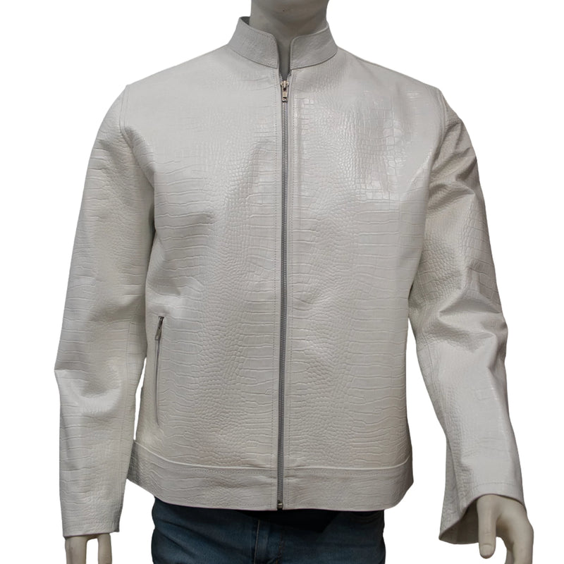 Men’s White Sheep Leather Jacket – Crocodile Texture & Minimalist Zip Design