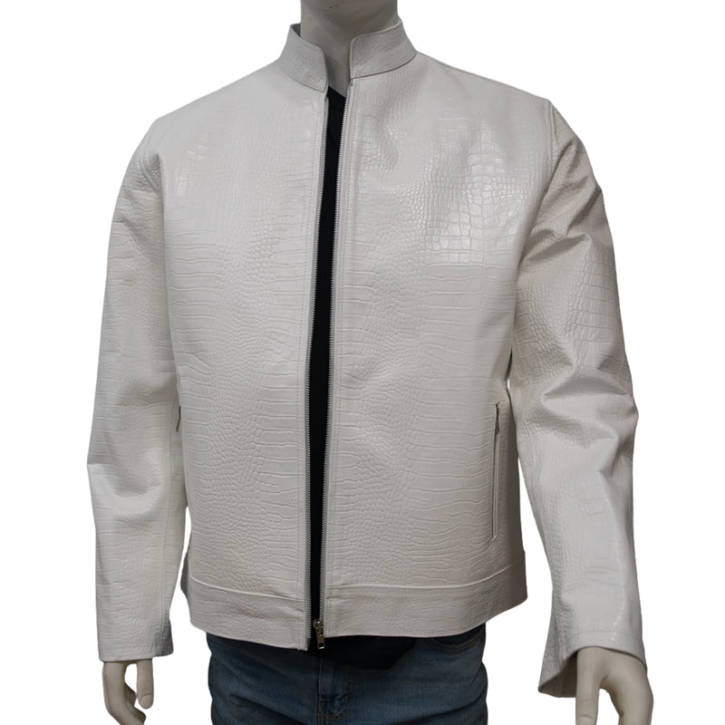 Men’s White Sheep Leather Jacket – Crocodile Texture & Minimalist Zip Design