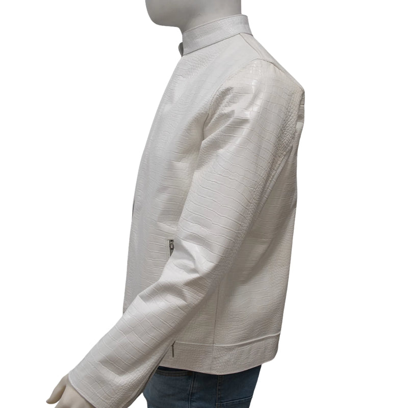 Men’s White Sheep Leather Jacket – Crocodile Texture & Minimalist Zip Design