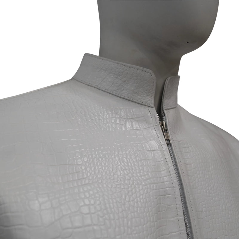 Men’s White Sheep Leather Jacket – Crocodile Texture & Minimalist Zip Design