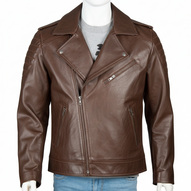 Men’s Full-Grain Cowhide Leather Biker Jacket – Classic Moto Lapel & Zip Pockets