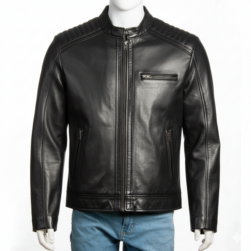 Men’s Genuine Leather Biker Jacket – Quilted Shoulders & Minimalist Design
