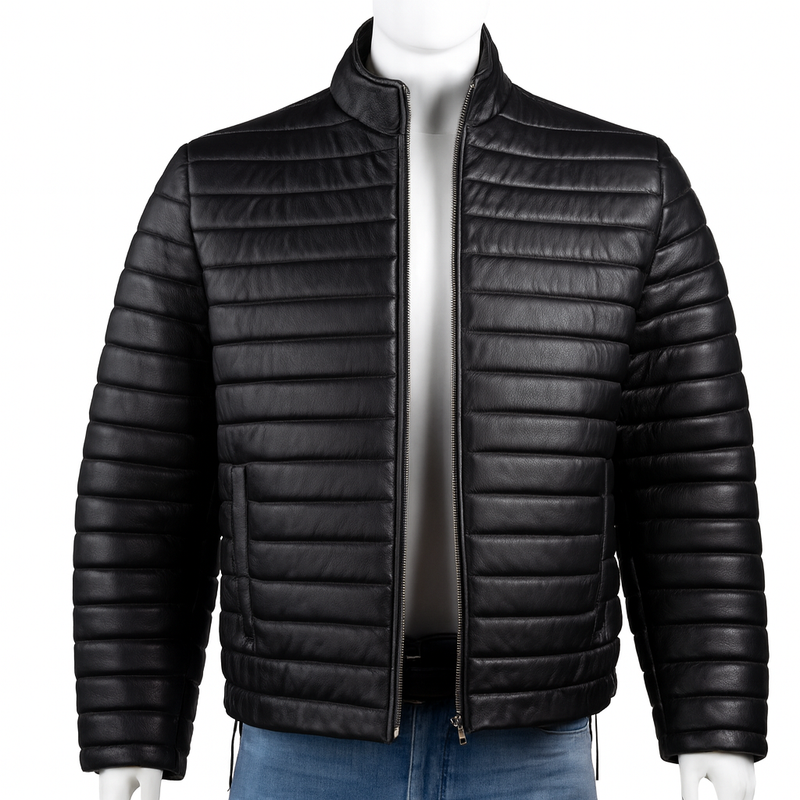 Men’s Puffer-Style Leather Jacket – Horizontal Quilted Padding