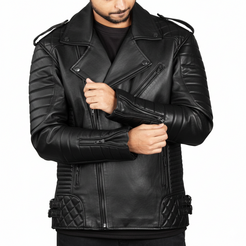 Men’s Tan Distressed Leather Biker Jacket – Quilted Armor Design & Dual Buckle Sides