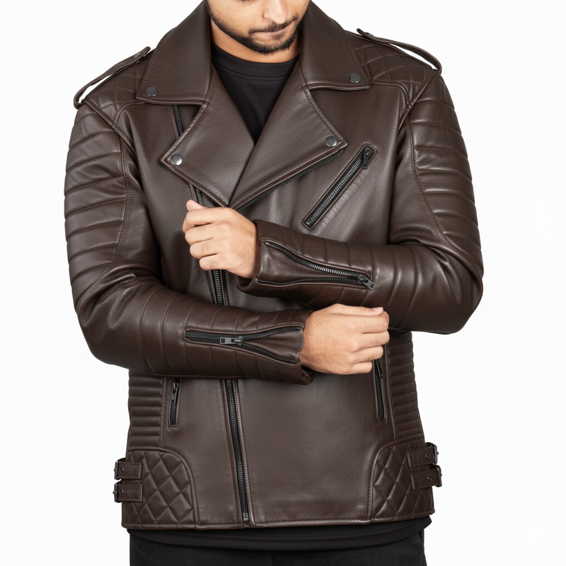 Men’s Tan Distressed Leather Biker Jacket – Quilted Armor Design & Dual Buckle Sides