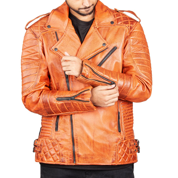 Men’s Tan Distressed Leather Biker Jacket – Quilted Armor Design & Dual Buckle Sides