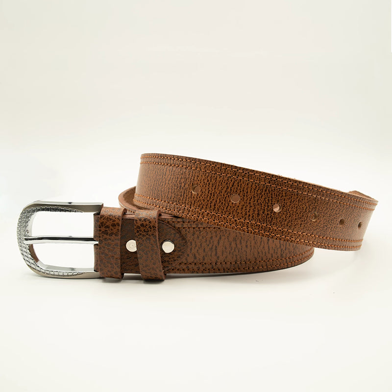 Textured Brown Leather Belt Double Stitched