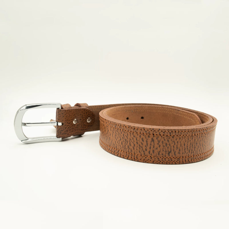 Textured Brown Leather Belt Double Stitched