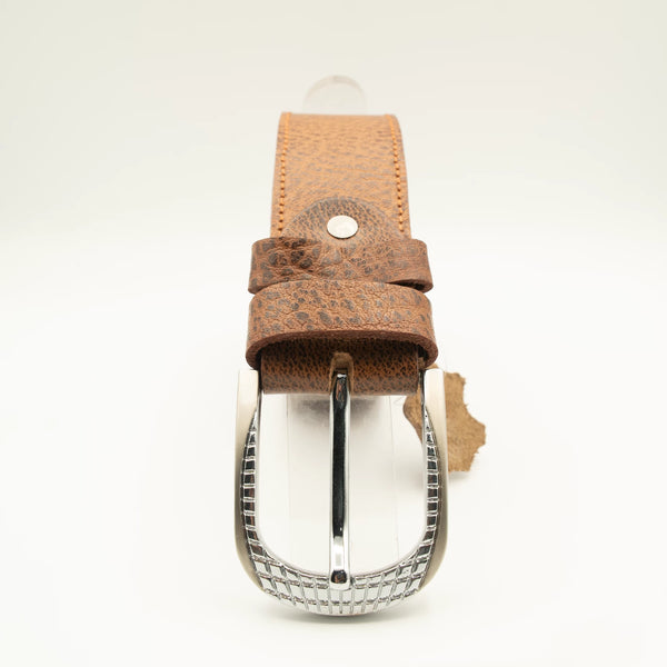 Textured Brown Leather Belt Single Stitched