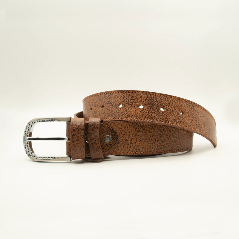 Textured Brown Leather Belt Single Stitched