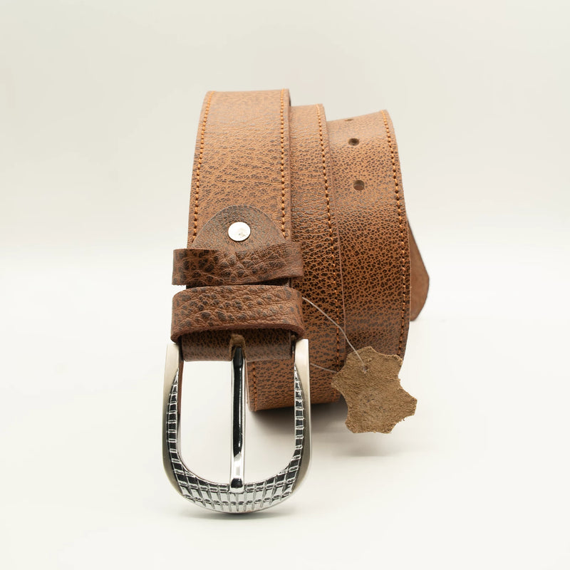 Textured Brown Leather Belt Single Stitched