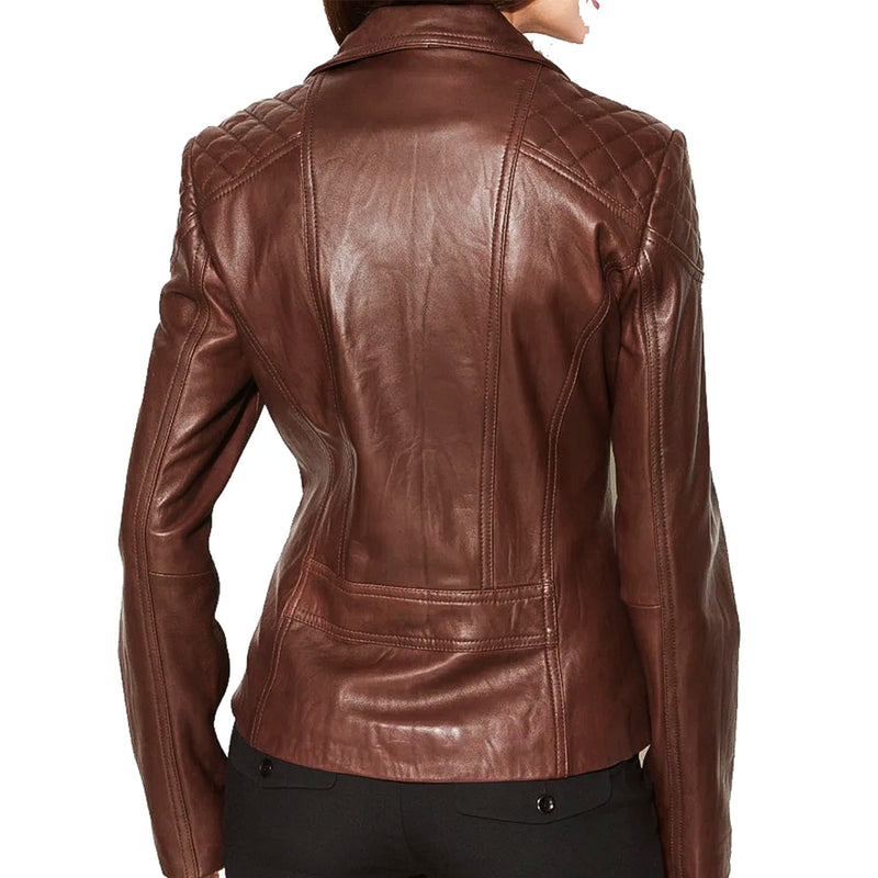 Women’s Cognac Brown Leather Moto Jacket – Quilted Shoulders
