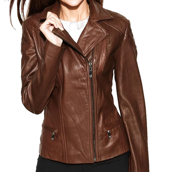 Women’s Cognac Brown Leather Moto Jacket – Quilted Shoulders