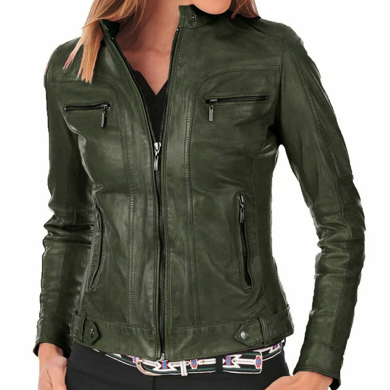 Women’s Olive Green Leather Moto Jacket – Café Racer Style