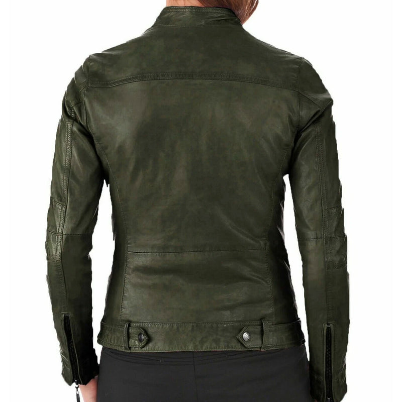 Women’s Olive Green Leather Moto Jacket – Café Racer Style