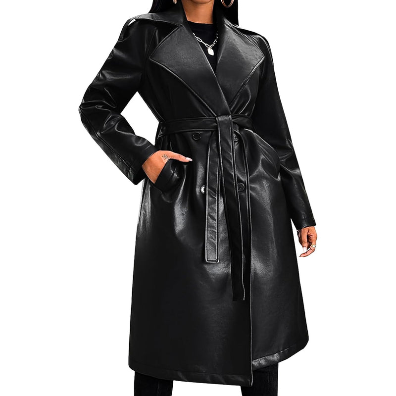 Women’s Black PU Leather Trench Coat – Classic & Belted