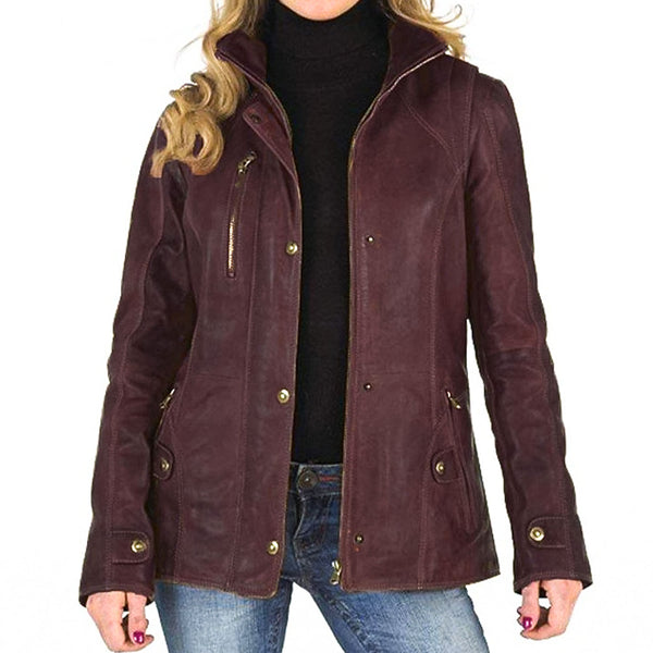 Women’s Burgundy Lambskin Leather Field Jacket
