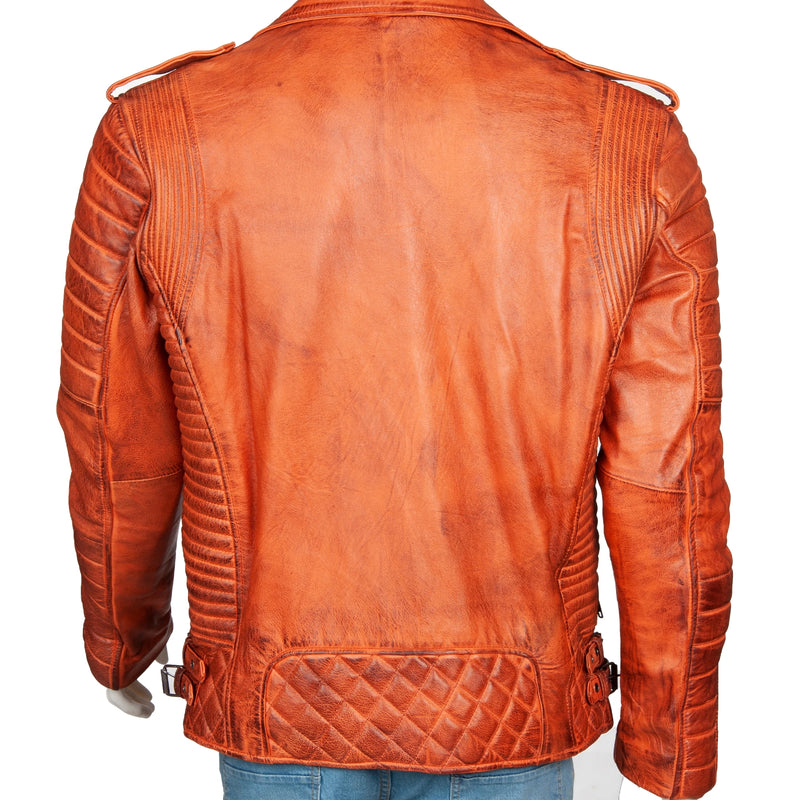 Men’s Tan Distressed Leather Biker Jacket – Quilted Armor Design & Dual Buckle Sides